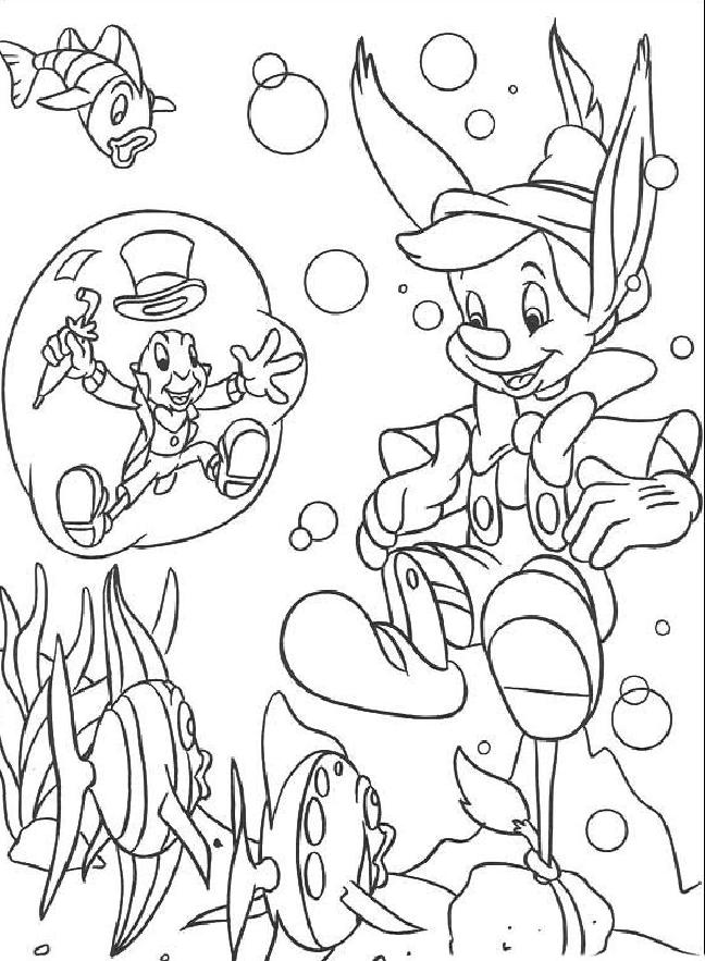 coloriage Pinocchio nage avec les poissons
